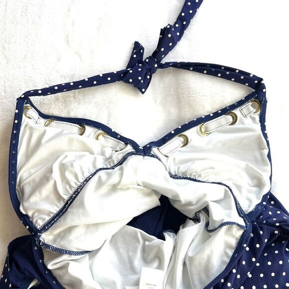 One Piece Halter Top Swimsuit Retro Pinup Style Blue and White Polka Dot Size Me - Picture 13 of 14